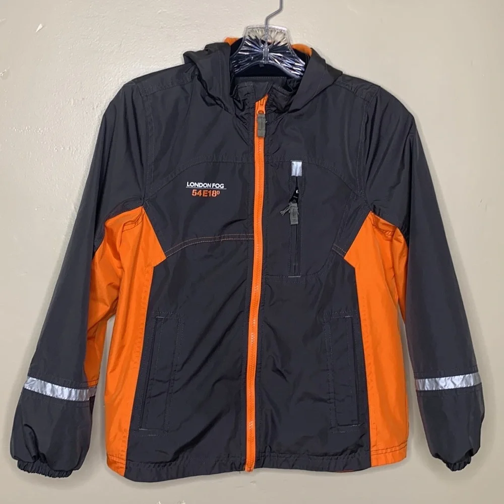 LONDON FOG Jacket Gray Orange Zip Front Zip Pockets Hood Boys Medium 10-12